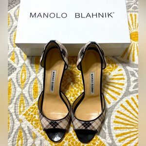 Manila Blahnik plaid/paten D’Orsay heels